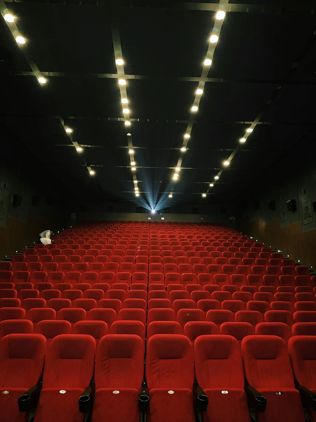 Rangées de fauteuils rouges dans une salle de cinéma vide